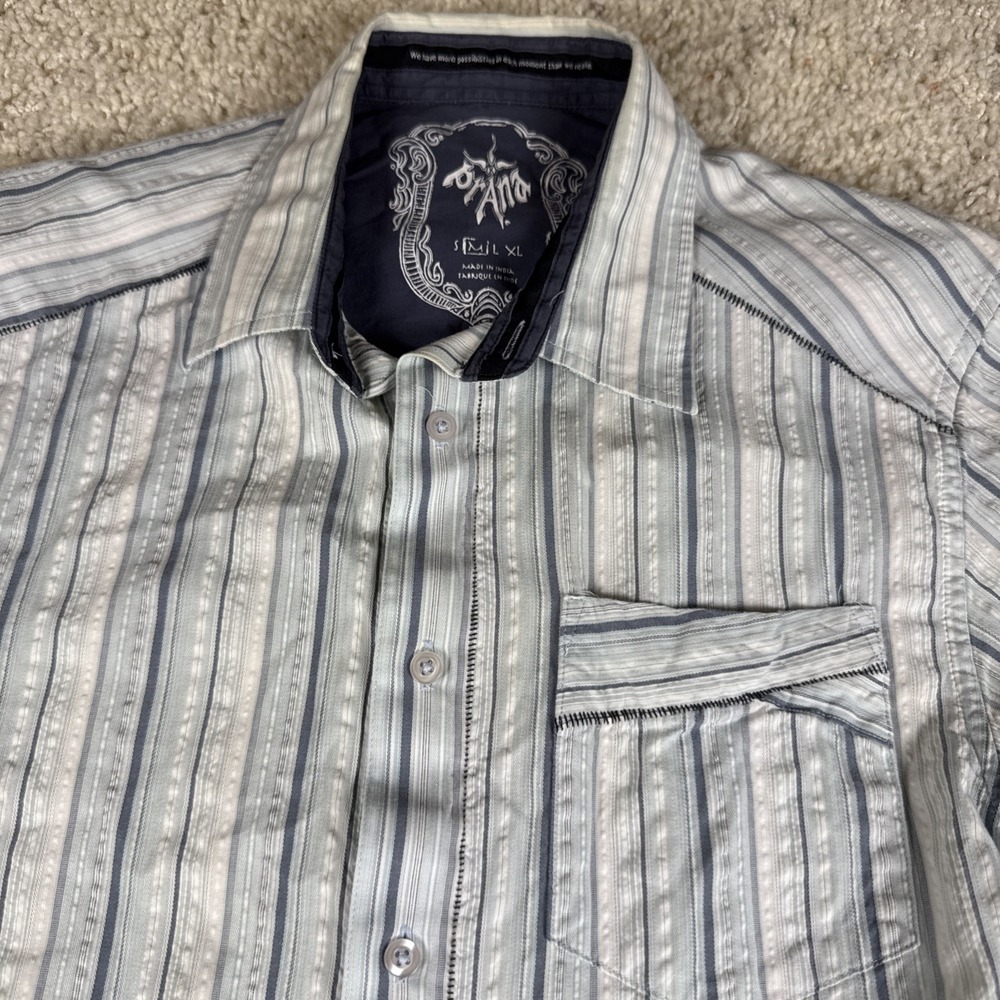 Prana Men Striped Blue Short Sleeve Shirt Medium Button Up Pocket Casual Preppy